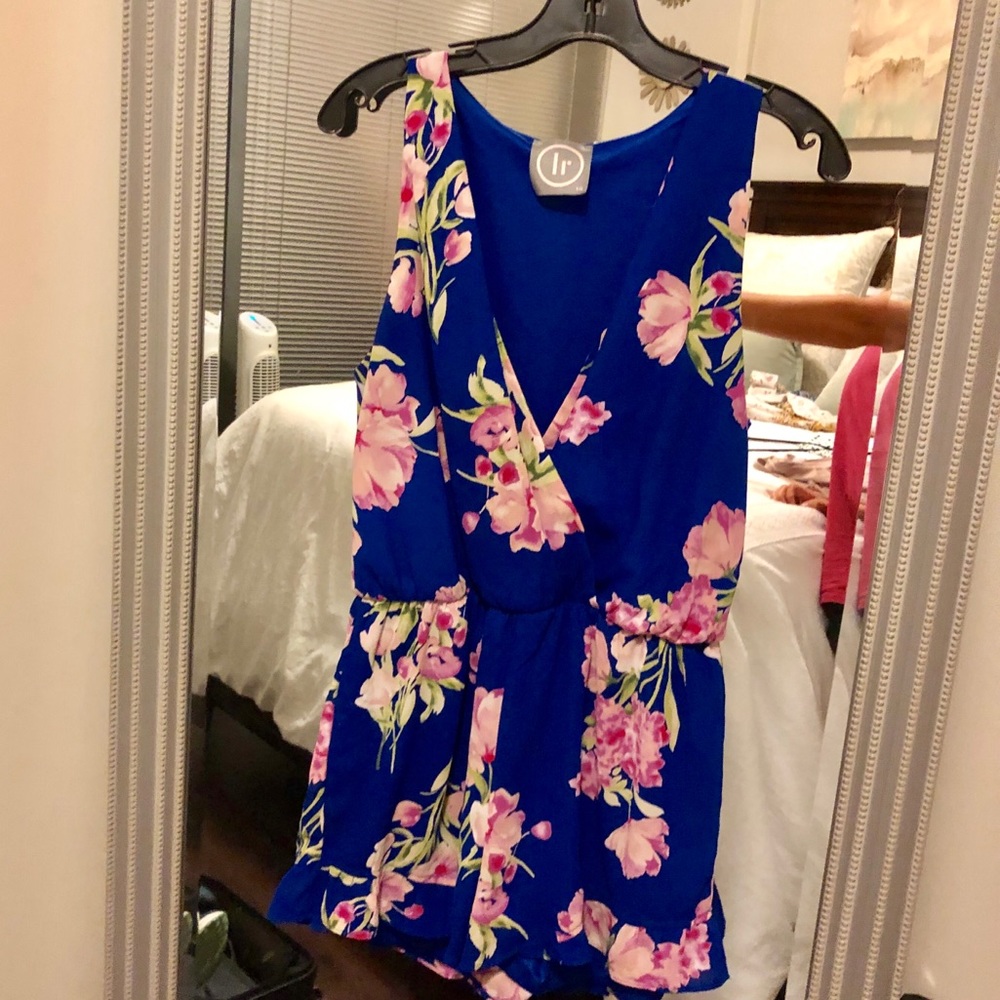Blue Floral Mini Dress with Pink Blossoms